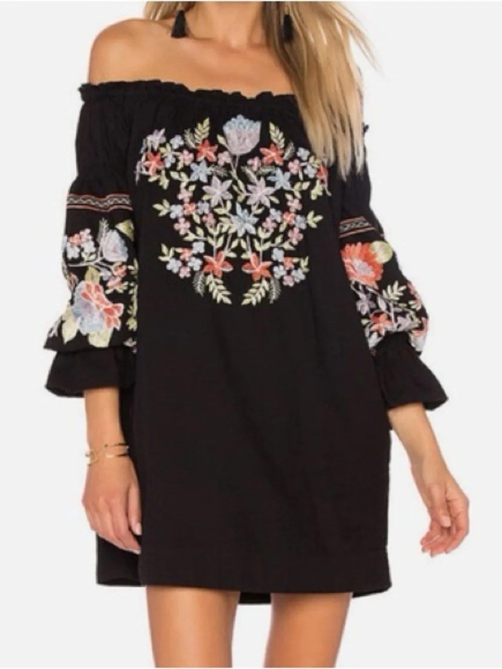 Free People Fleur Du Jour Embroidered Mini Dress Black Boho Peasant Puff Sleeve